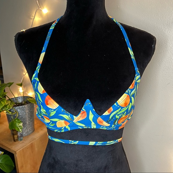 Nasty Gal Fruit Print High Underwire Cutout Blue Bikini Top - Picture 2 of 6